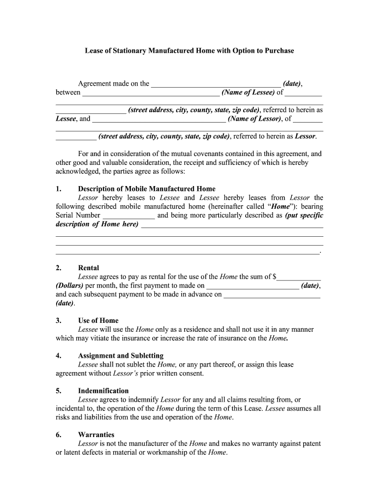 Fill and Sign the Lease of Stationary Manufactured Home with Option to Purchase Form