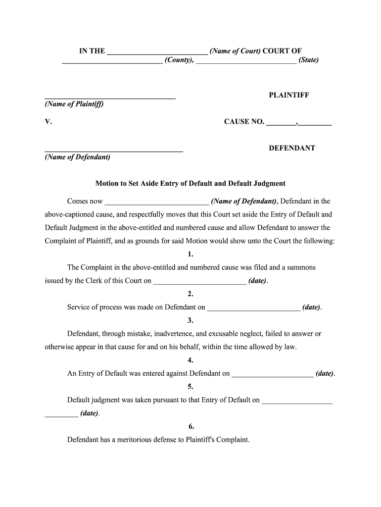 Motion & Affidavit to Set Aside Entry of Default and Accept Late Filed  Form