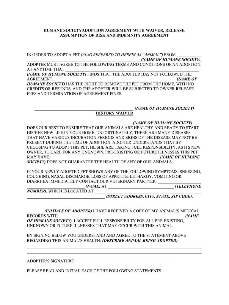 Pet Adoption Agreement  American Humane  Form