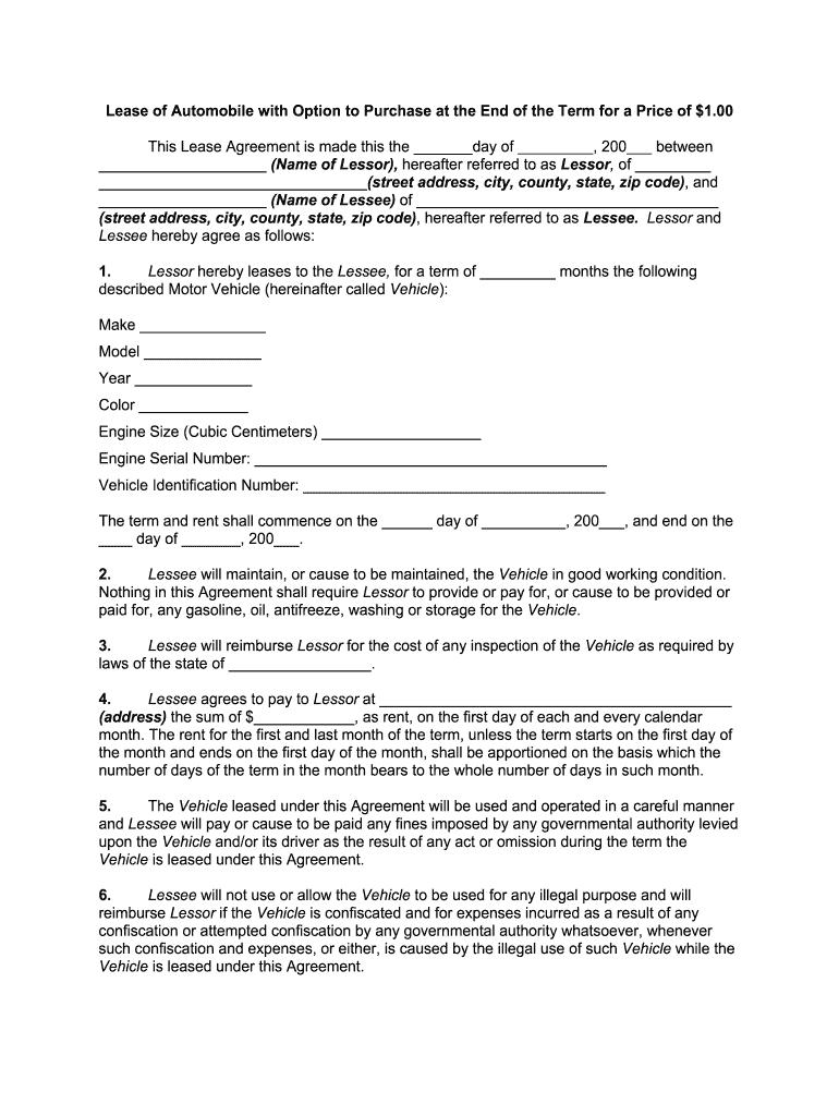 Lease of Automobile with Option to Purchase at the End of the Term for a Price of $1  Form