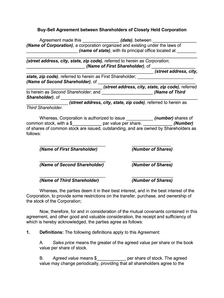 Fill in & E-Sign buy sell agreement between shareholders of closely In corporate buy sell agreement template