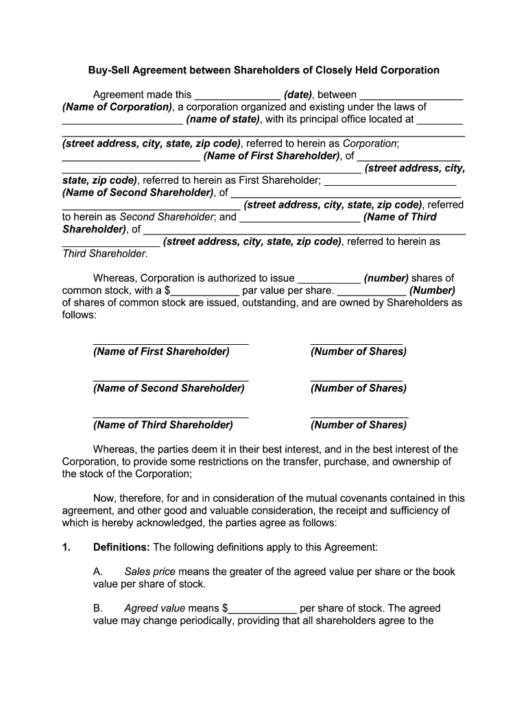 Buy Sell Agreement between Shareholders of Closely Held Corporation  Form