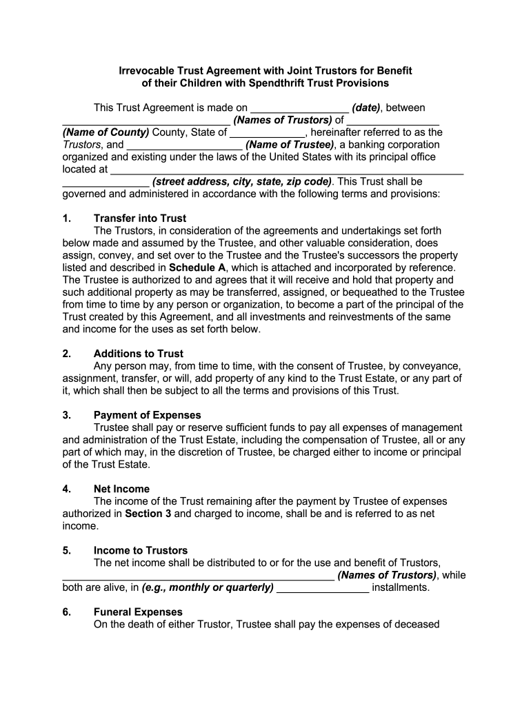 Fill and Sign the Irrevocable Trust Agreement for Benefit of Trustors Childrenand Grandchildren with Spendthrift Trust Provisions Form