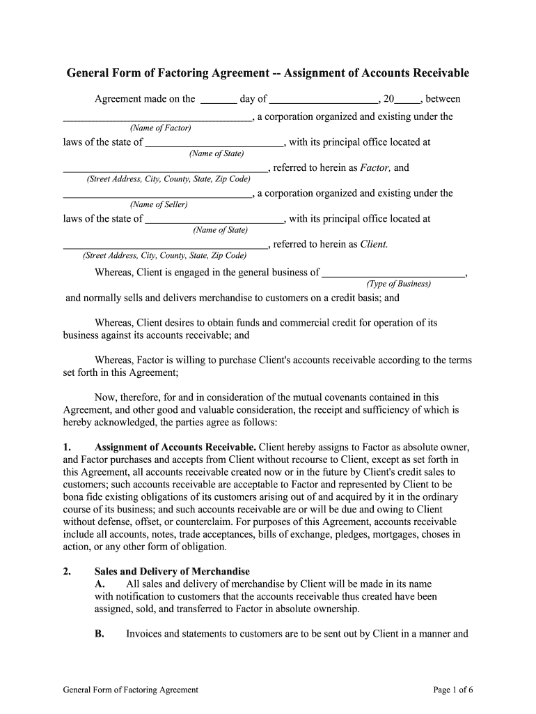 General Form of Factoring Agreement Regarding the Assignment of