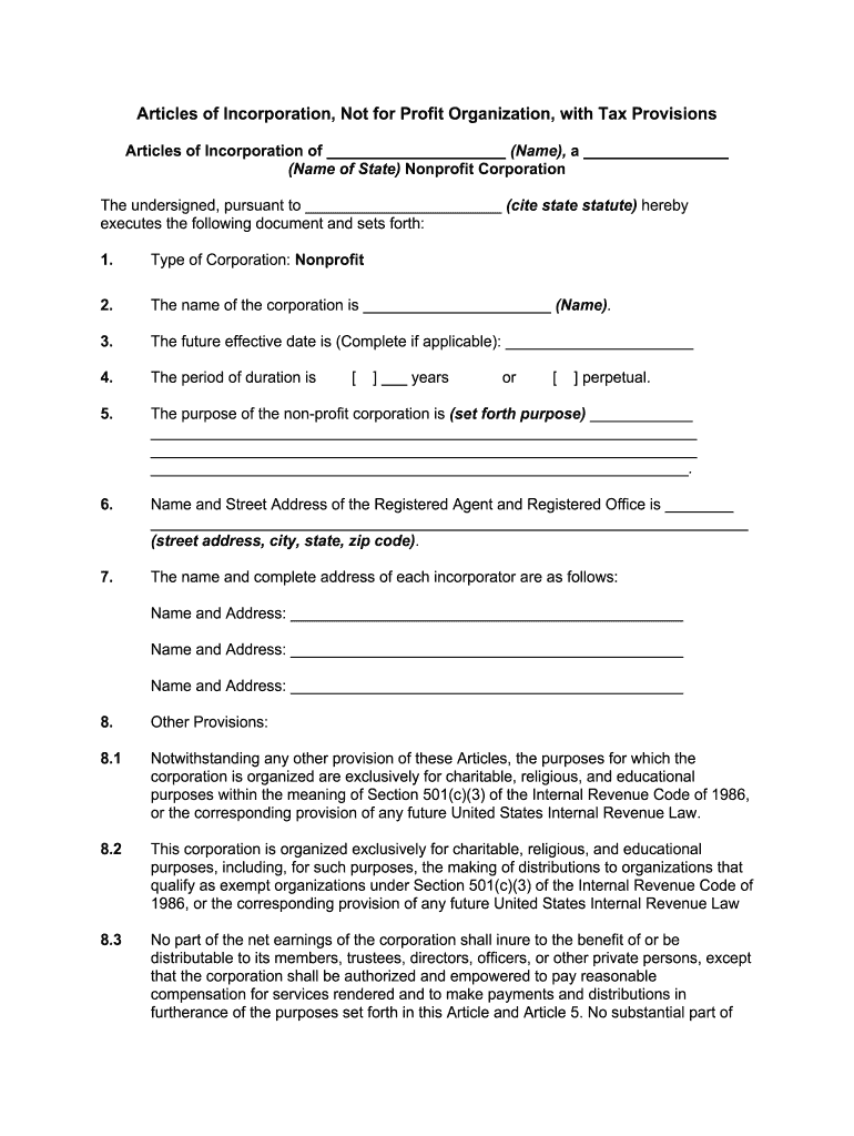 Fill and Sign the Non Profit Sample Article of Incorporationnpo Central Form