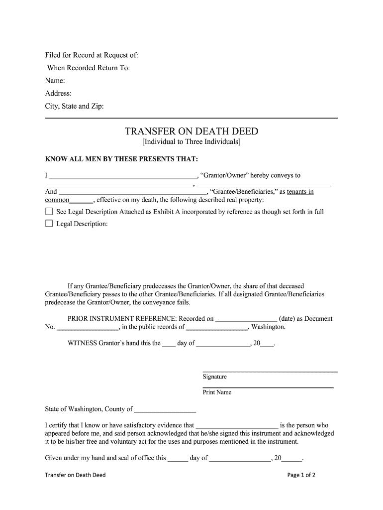 Fill and Sign the Instructions for Completing a Washington Transfer on Death Deednolo Form