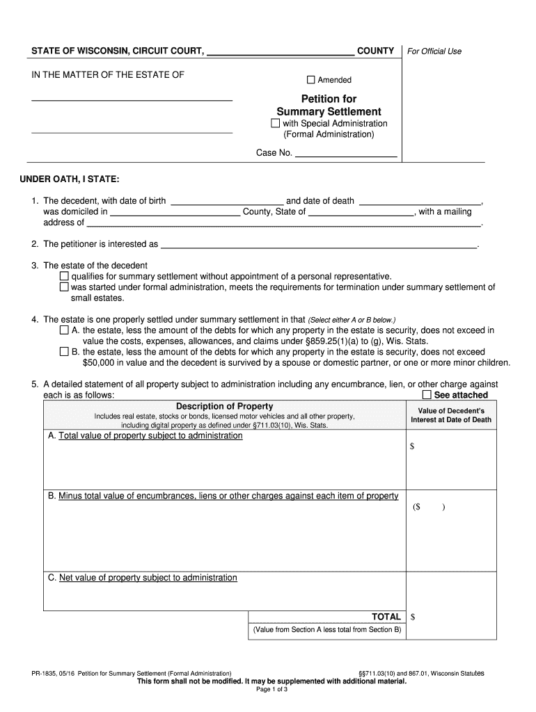 Summary Settlement Wisconsin Court System Circuit Court Forms