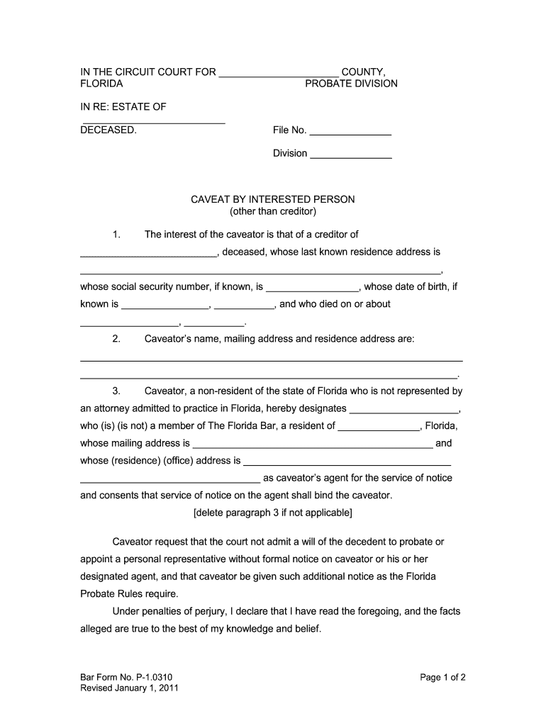 Fill and Sign the In the Circuit Court for Okaloosa County Florida Probate Division Caveat Form