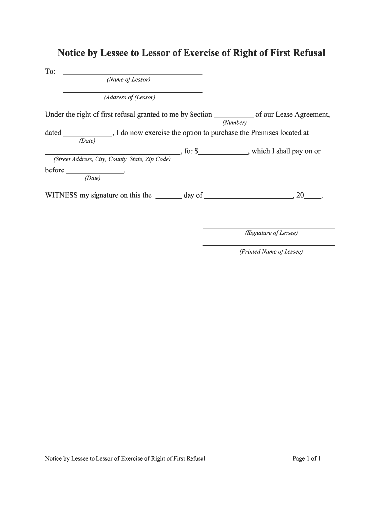 Notice by Lessee to Lessor of Exercise of Right of First Refusal  Form