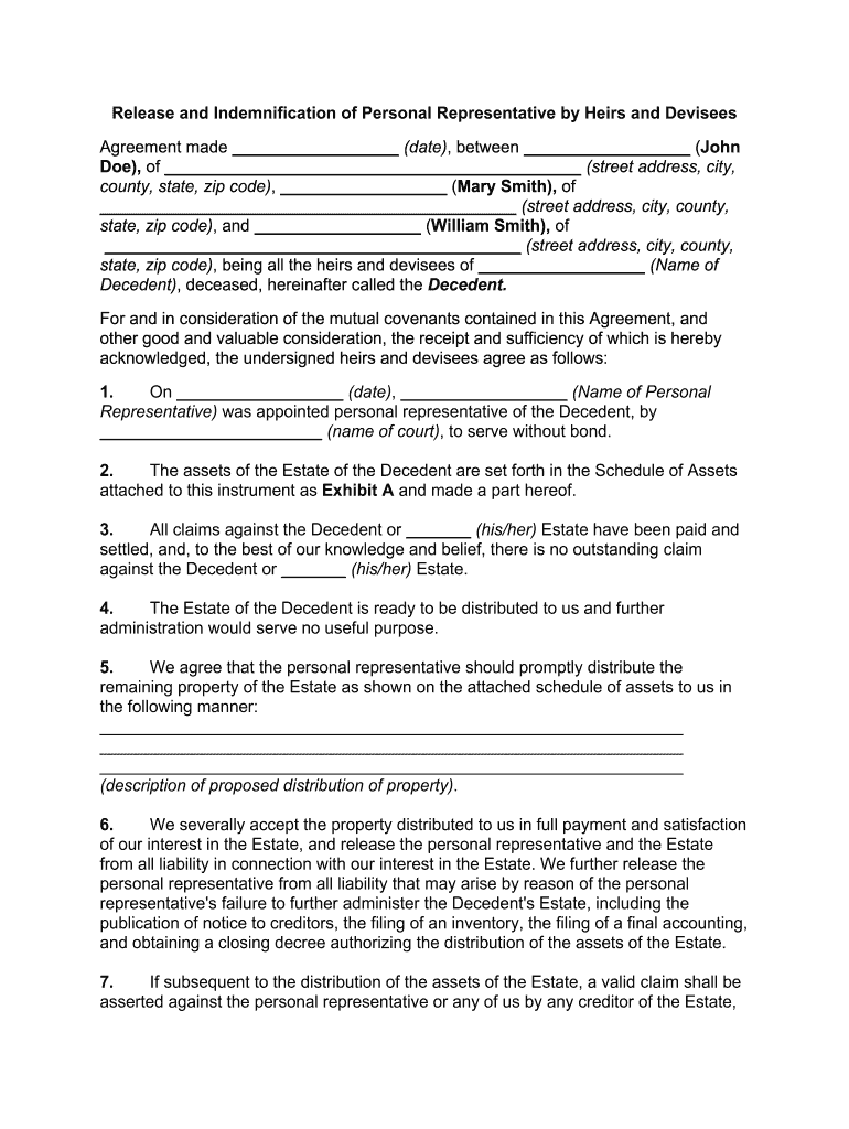 Fill and Sign the Release and Indemnification of Personal Representative by Heirs and Devisees Form