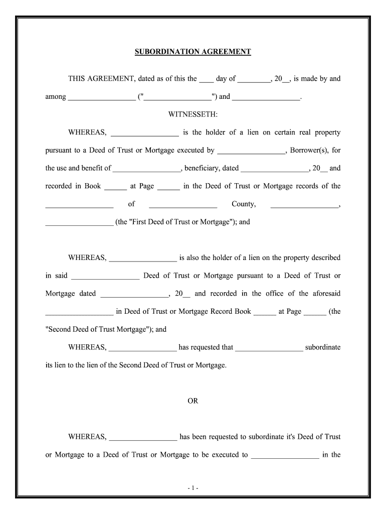 Fill and Sign the Subordination Agreementfree Legal Forms