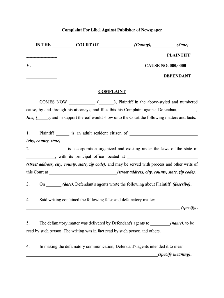 Sample Defamation Complaint Form  National Paralegal College