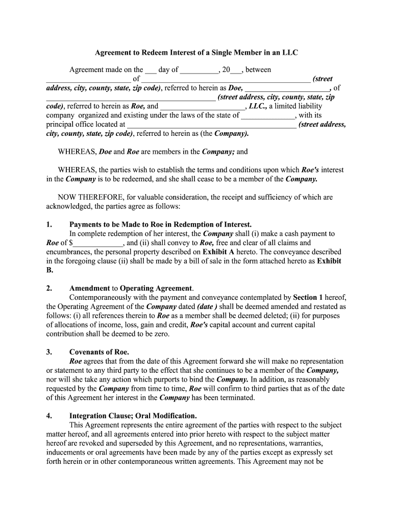Agreement to Redeem Interest of a Single Member in an LLC  Form