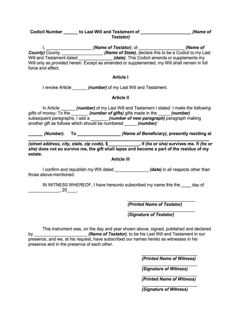 Codicil to Last Will and Testament of  the Moran Company  Form