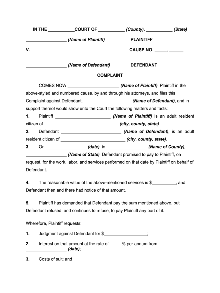 Complaint, Petition, or DeclarationOn Quantum MeruitGeneral Form