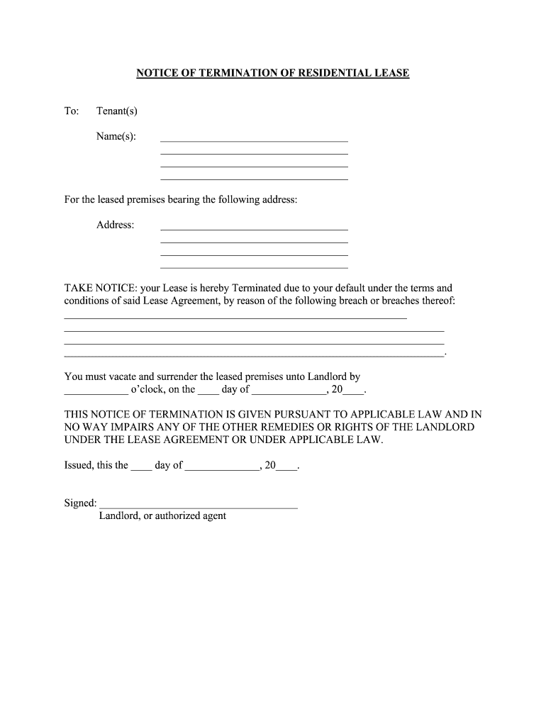 NOTICE of TERMINATION of RESIDENTIAL LEASE  Form