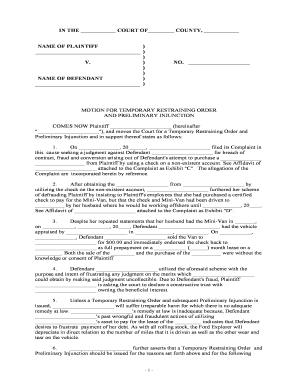 Motion for Temporary Restraining Order and Preliminary Injunction to Prevent Vehicle Loss  Form