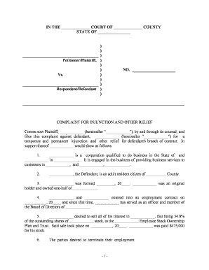 Complaint for Injunction Covenant Not to Compete  Form