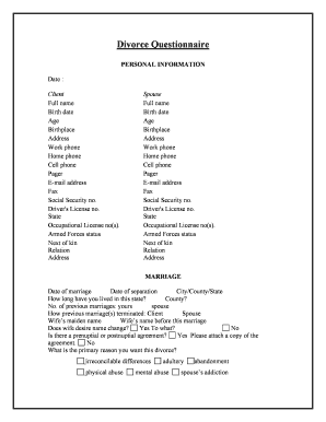 Questionnaire Divorce  Form