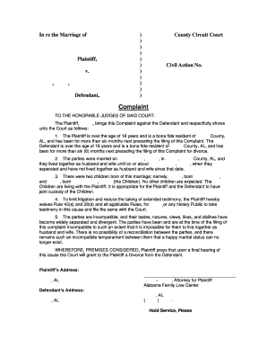 Alabama Complaint Divorce  Form