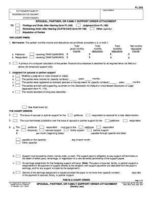 California Spousal Partner or Family Support Order Attachment  Form