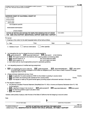 California Notice of Motion and Motion for Simplified Modification of Order for Child, Spousal, or Family Support  Form