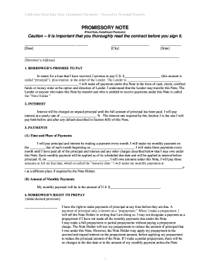 California California Installments Fixed Rate Promissory Note Secured by Personal Property  Form