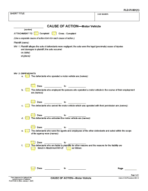 PLD PI 0011 Cause of Action Motor Vehicle California Courts  Form