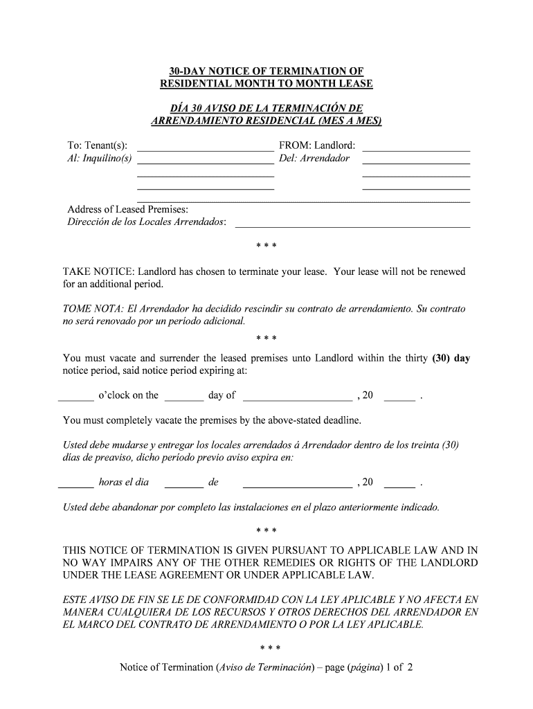 District of Columbia 30 Day Notice to Terminate Month to Month Lease Residential from Landlord to Tenant  Form