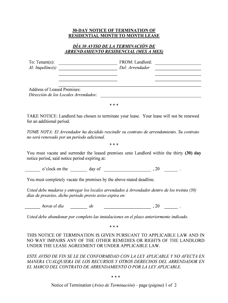 District of Columbia 30 Day Notice to Terminate Month to Month Lease Residential from Landlord to Tenant Form