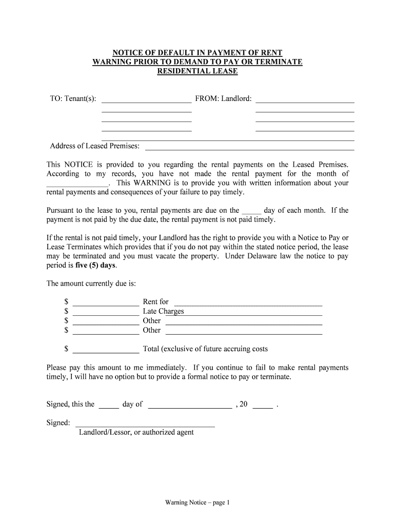 Delaware Notice of Default in Payment of Rent as Warning Prior to Demand to Pay or Terminate for Residential Property  Form