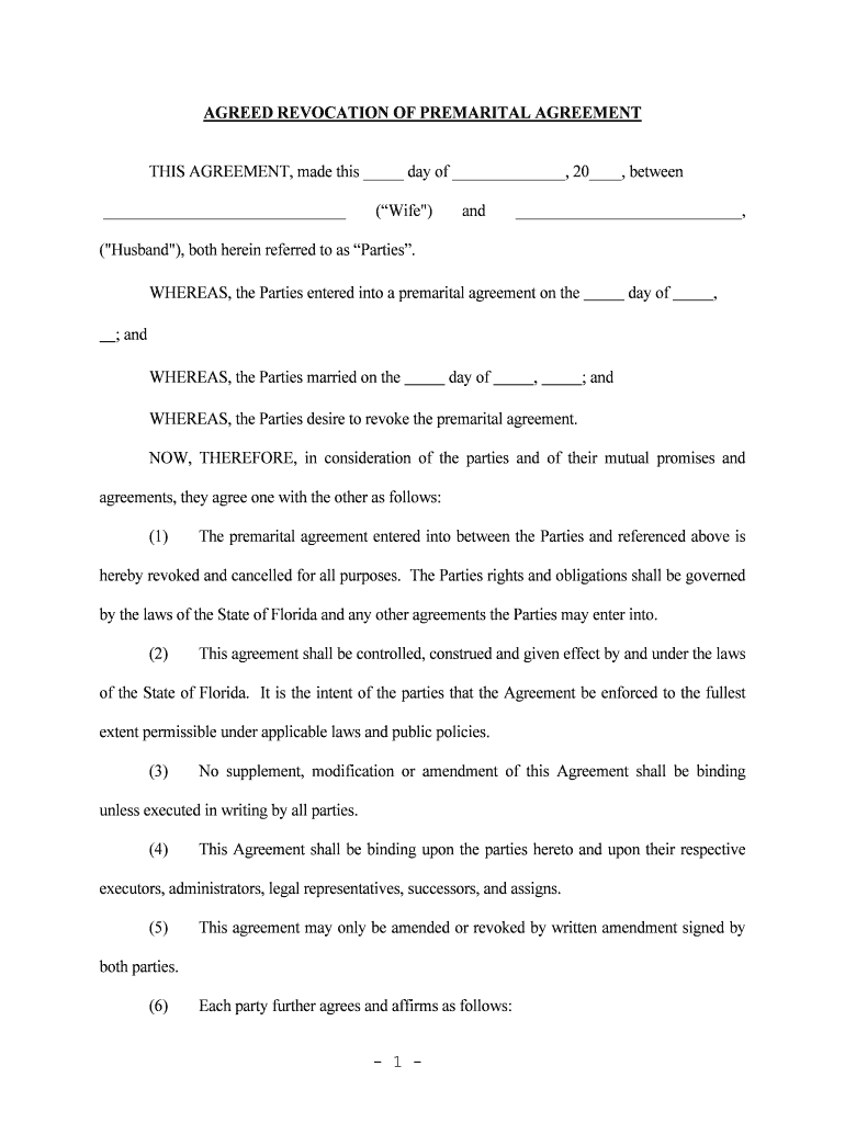 Florida Revocation of Premarital or Prenuptial Agreement  Form