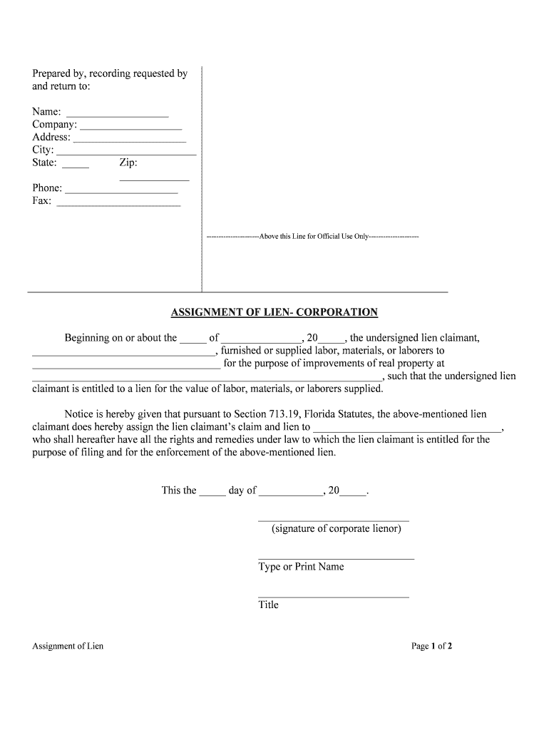 Florida Assignment of Lien Corporation or LLC  Form