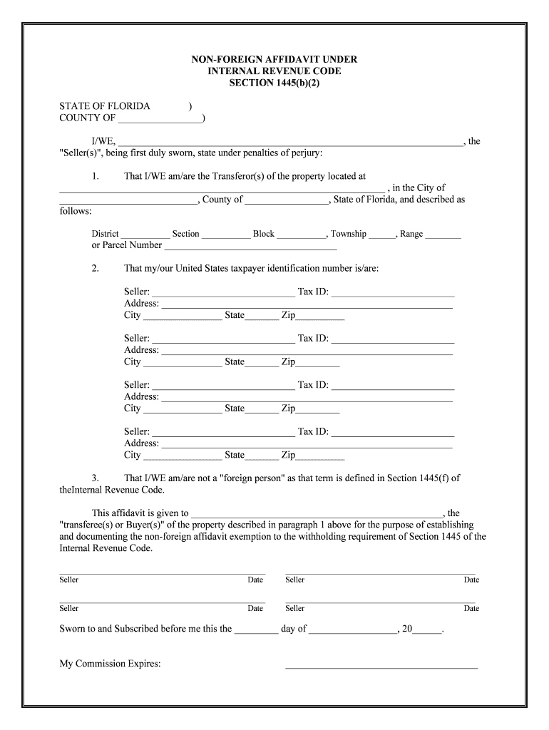 Florida Non Foreign Affidavit under IRC 1445  Form