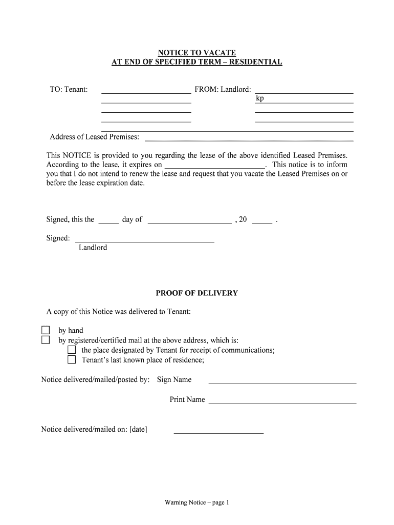 Georgia Notice of Intent Not to Renew at End of Specified Term from Landlord to Tenant for Residential Property  Form