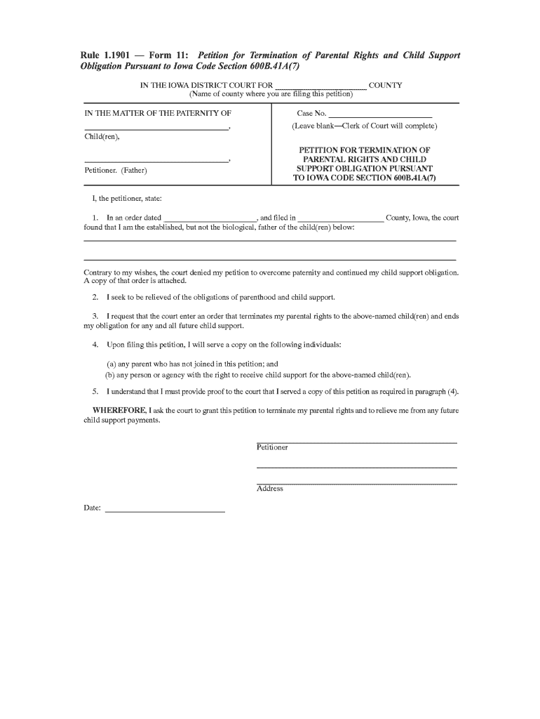 Rule 1 1901 Form 11 Petition For Termination Of Parental Rights And