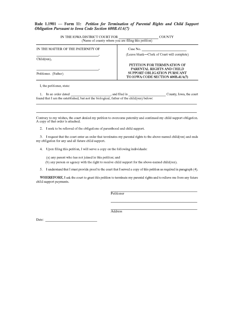 Rule 1 1901 Form 11 Petition for Termination of Parental Rights and