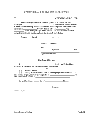 Illinois Owner's Demand to File Suit Mechanics Liens Corporation or LLC  Form