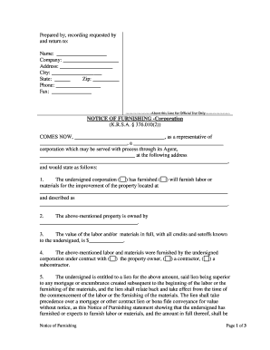 Kentucky Notice of Furnishing Corporation or LLC  Form