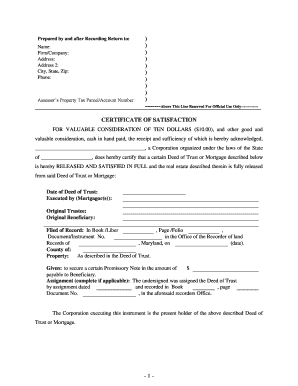 Fill and Sign the Maryland Satisfaction Release or Cancellation of Deed of Trust by Corporation Form