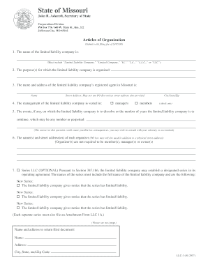 Missouri Missouri Articles of Organization for Domestic Limited Liability Company LLC  Form