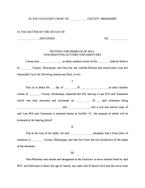 Petition Letters Testamentary  Form