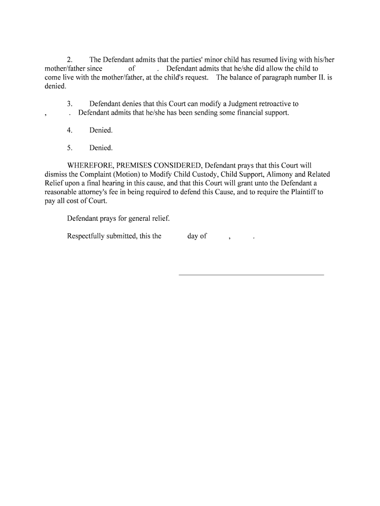 Mississippi Answer to the Complaint Motion to Modify Child Custody, Child Support, Alimony and Related Relief  Form