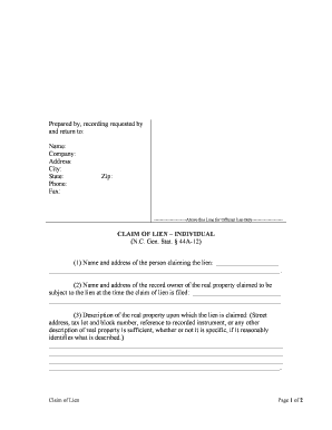 North Carolina Lien  Form