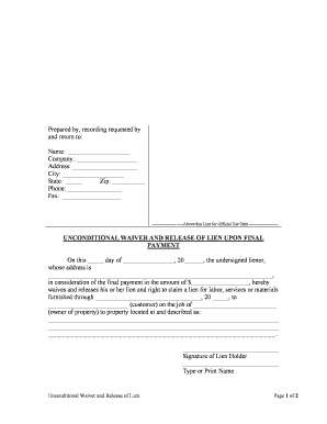 North Carolina Unconditional Waiver and Release of Lien Upon Final Payment  Form