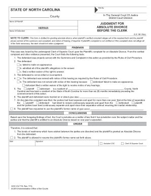 North Carolina Judgment for Absolute Divorce Before the Clerk  Form