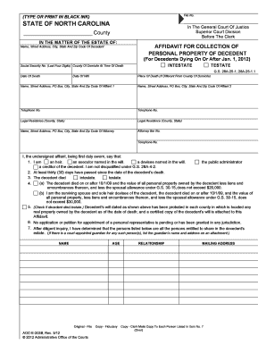 Fill and Sign the North Carolina Small Estate Affidavit for Collection of Personal Property of Decedent Intestate Testate Form
