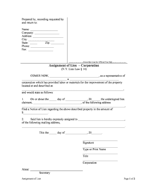 New York Assignment of Lien by Corporation or LLC  Form