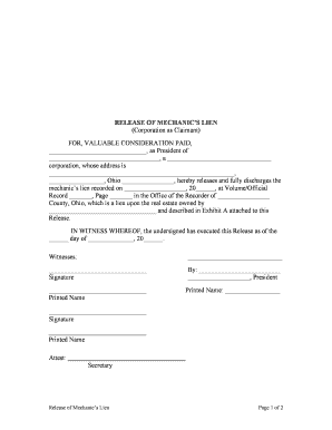 Ohio Release of Mechanic's Lien Corporation  Form