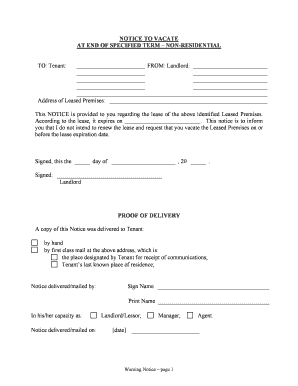 Oregon Notice of Intent Not to Renew at End of Specified Term from Landlord to Tenant for Nonresidential or Commercial Property  Form